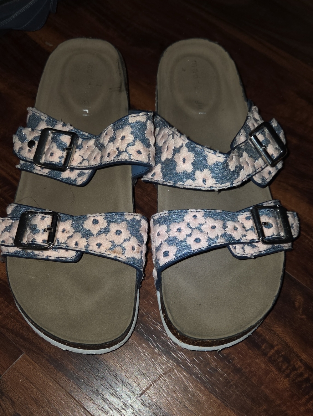 Madden Girl Pink Floral Double-Buckle Slide Sandals with Blue Accents